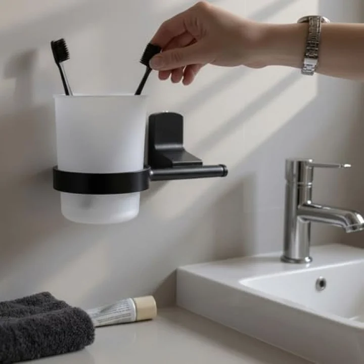 Siyah Lüx Diş Fırçalık Vidalı Banyo Aksesuarı Modern Tasarım Duvara Monte Dayanıklı Kullanım