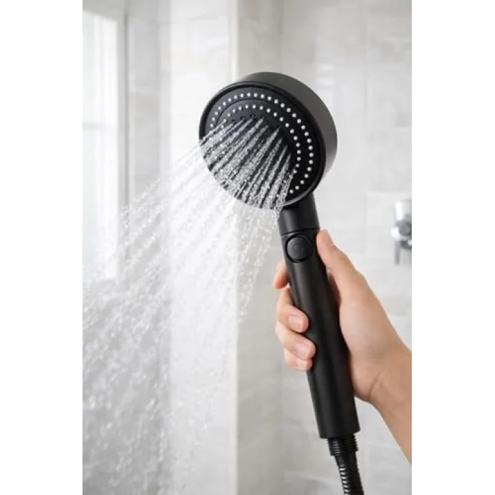 Siyah Pervaneli Turbo Duş Başlığı, 5 Akış Modlu Aç Kapa Kontrollü Yüksek Basınçlı Su Tasarruflu Masaj Etkili Modern Banyo El Duşu Standart Hortum Uyumlu