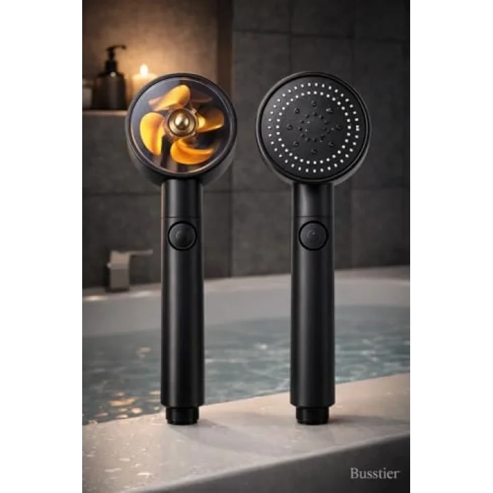 Siyah Pervaneli Turbo Duş Başlığı, 5 Akış Modlu Aç Kapa Kontrollü Yüksek Basınçlı Su Tasarruflu Masaj Etkili Modern Banyo El Duşu Standart Hortum Uyumlu