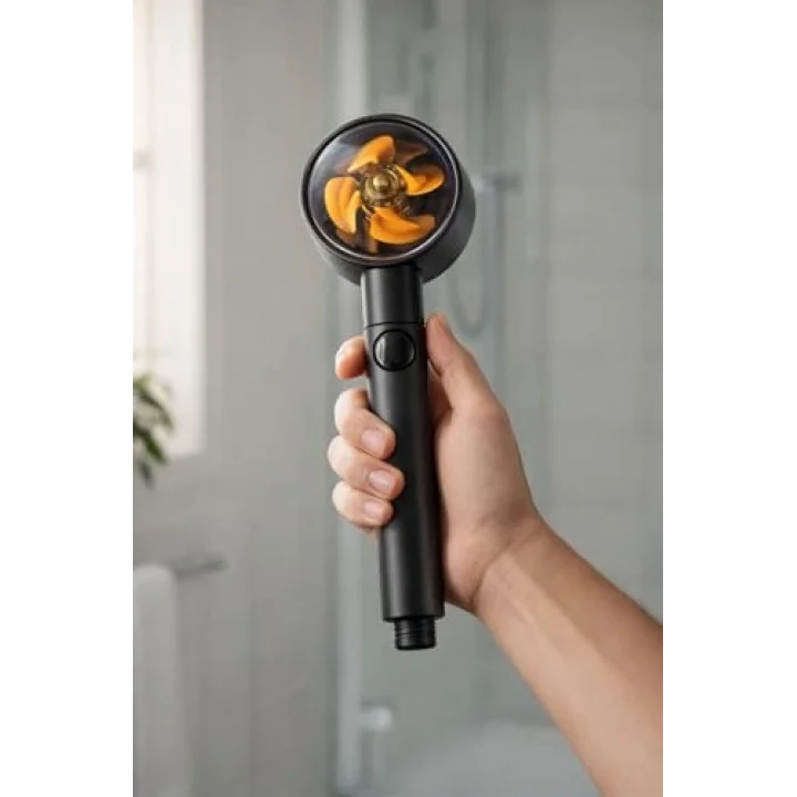 Siyah Pervaneli Turbo Duş Başlığı, 5 Akış Modlu Aç Kapa Kontrollü Yüksek Basınçlı Su Tasarruflu Masaj Etkili Modern Banyo El Duşu Standart Hortum Uyumlu