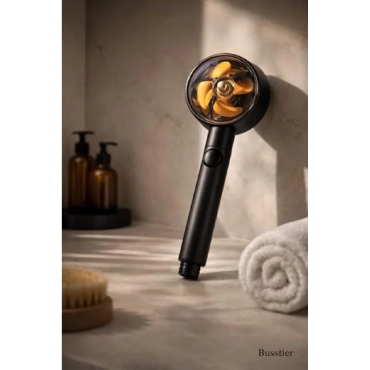 Siyah Pervaneli Turbo Duş Başlığı, 5 Akış Modlu Aç Kapa Kontrollü Yüksek Basınçlı Su Tasarruflu Masaj Etkili Modern Banyo El Duşu Standart Hortum Uyumlu