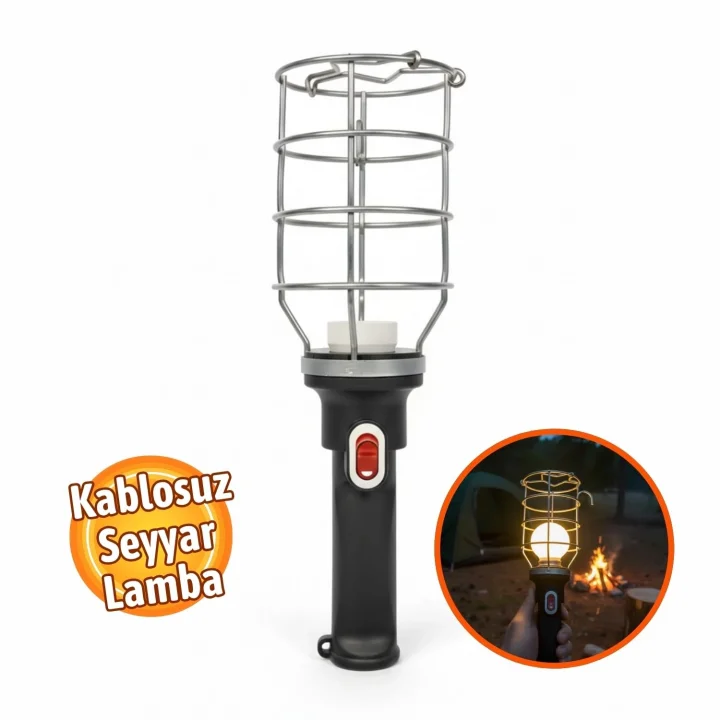 Siyah Plastik Saplı Metal Koruma Kafesli Kablosuz E27 Standart Duy Seyyar El Lambası