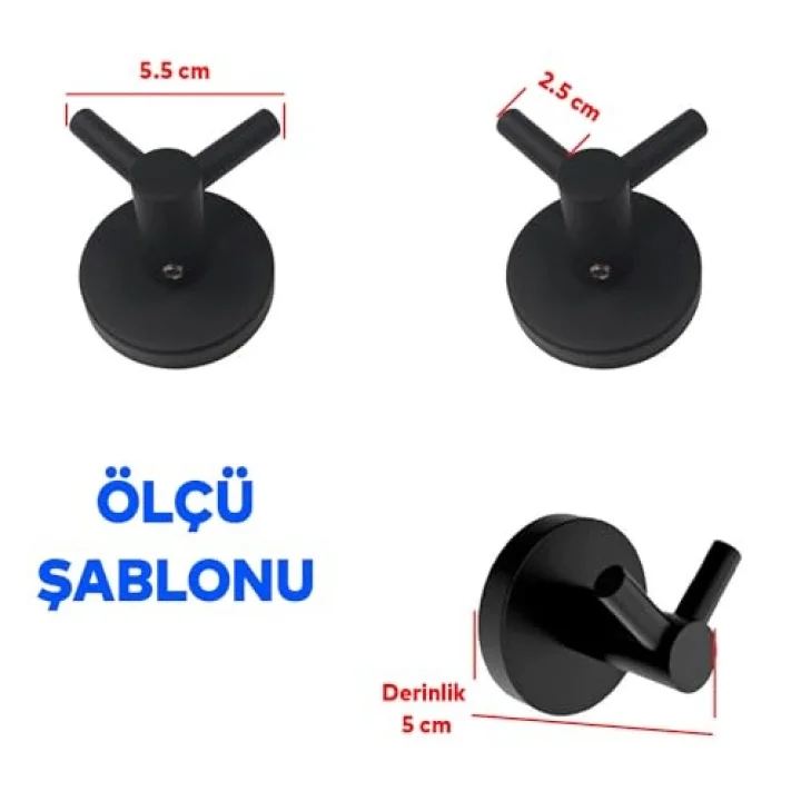 Siyah Renk Metal Sağlam Banyo Lavabo 2li Askılık Aparat Bornoz Havlu Asma Askı Vidalı