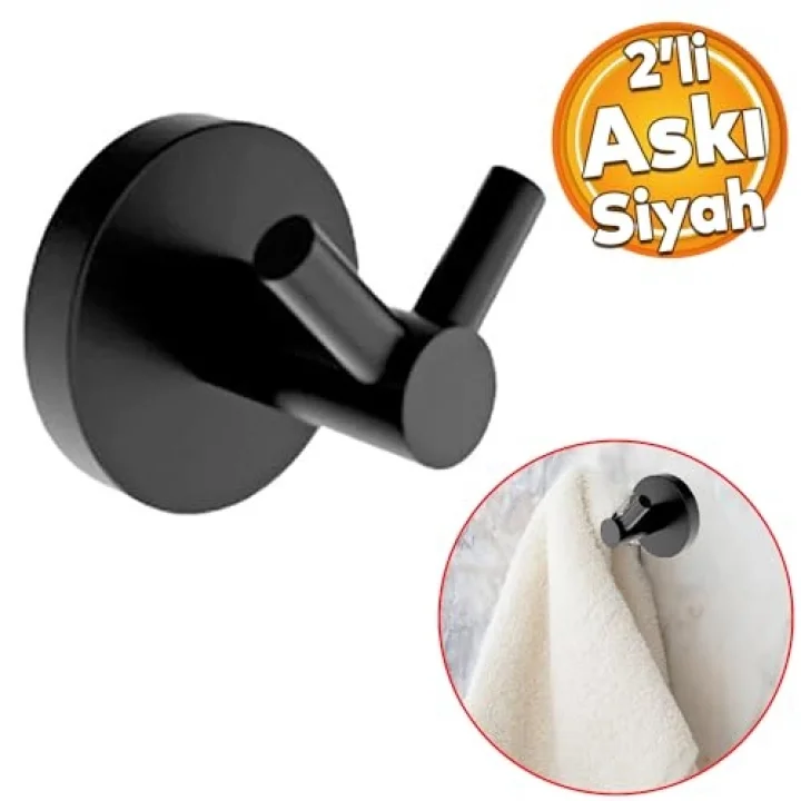 Siyah Renk Metal Sağlam Banyo Lavabo 2li Askılık Aparat Bornoz Havlu Asma Askı Vidalı