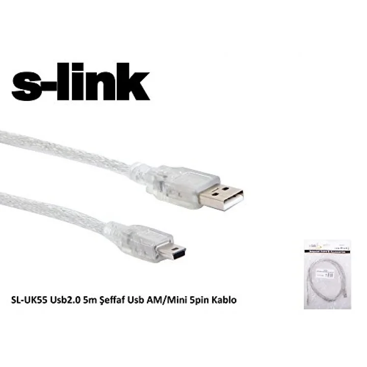 SL-UK55 Usb2.0 5m Şeffaf Usb AM/Mini 5pin Kablo