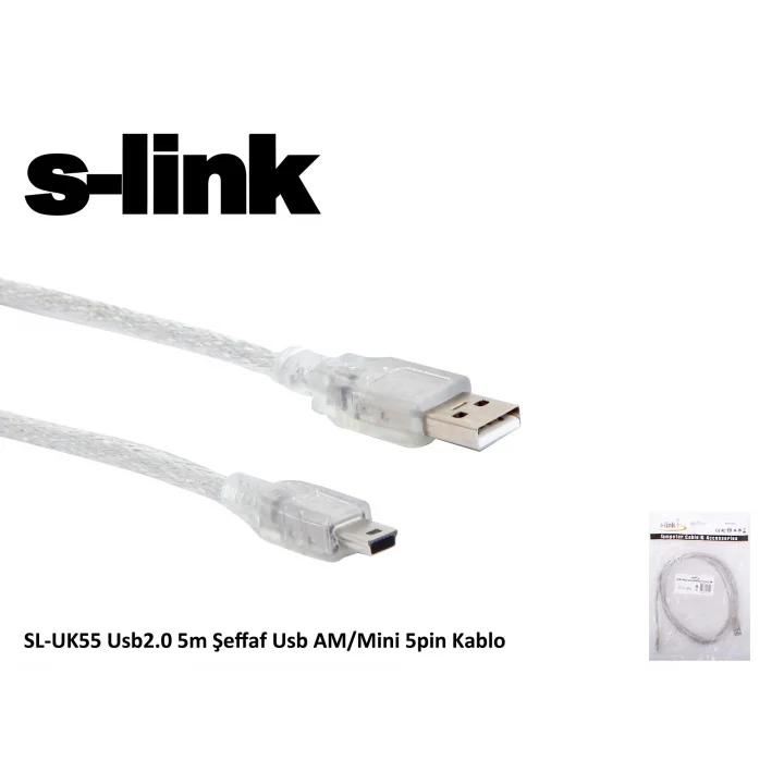 SL-UK55 Usb2.0 5m Şeffaf Usb AM/Mini 5pin Kablo