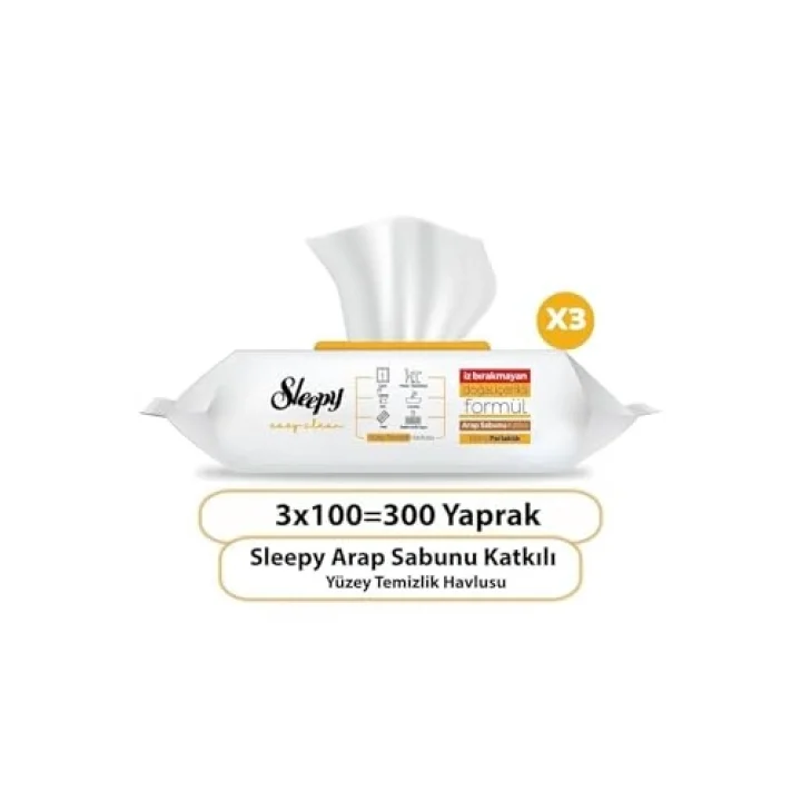 Sleepy Easy Clean Arap Sabunu Katkılı Yüzey Temizlik Havlusu 100 lü x 3 Adet