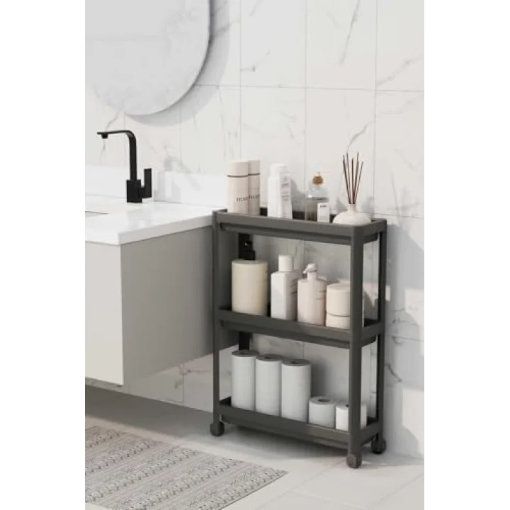Slim 3 Katlı Tekerlekli Raf Ünitesi - Dar Alanlar İçin Mutfak & Banyo Organizer - Baharatlık & Havluluk Düzenleyici - Gri