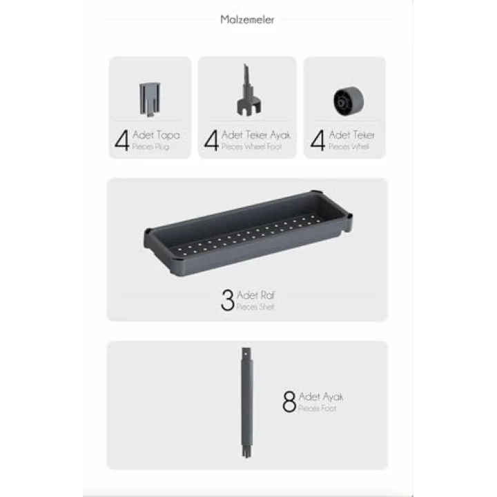 Slim 3 Katlı Tekerlekli Raf Ünitesi - Dar Alanlar İçin Mutfak & Banyo Organizer - Baharatlık & Havluluk Düzenleyici - Gri