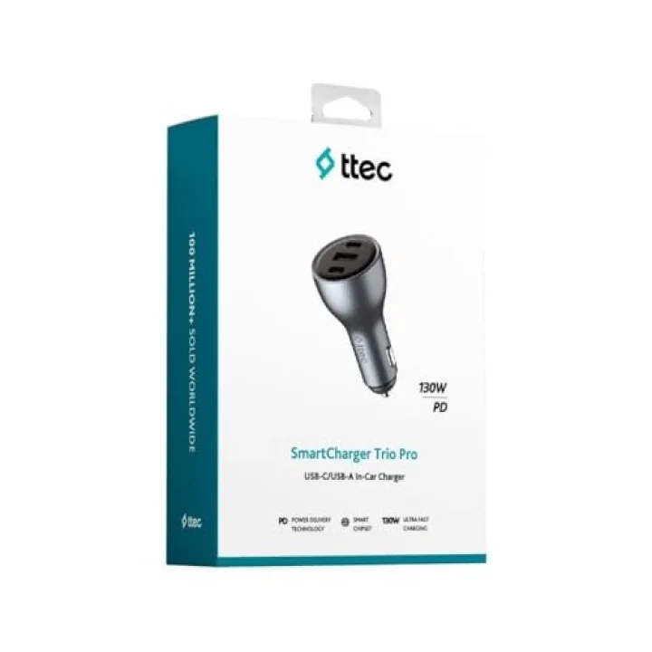 SmartCharger Trio PD 130W Araç Hızlı Şarj Aleti 2 USB-C+USB-A