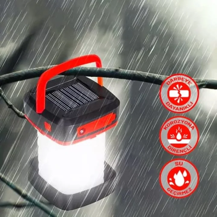 Solar Akordeon Kırmızı Kamp Lambası 360° Led Beyaz Işık Dahili Batarya Güneş Paneli + USB Şarj El feneri Seyahat, Yürüyüş Piknik Dış Mekan Aktivite Aydınlatma Lambası