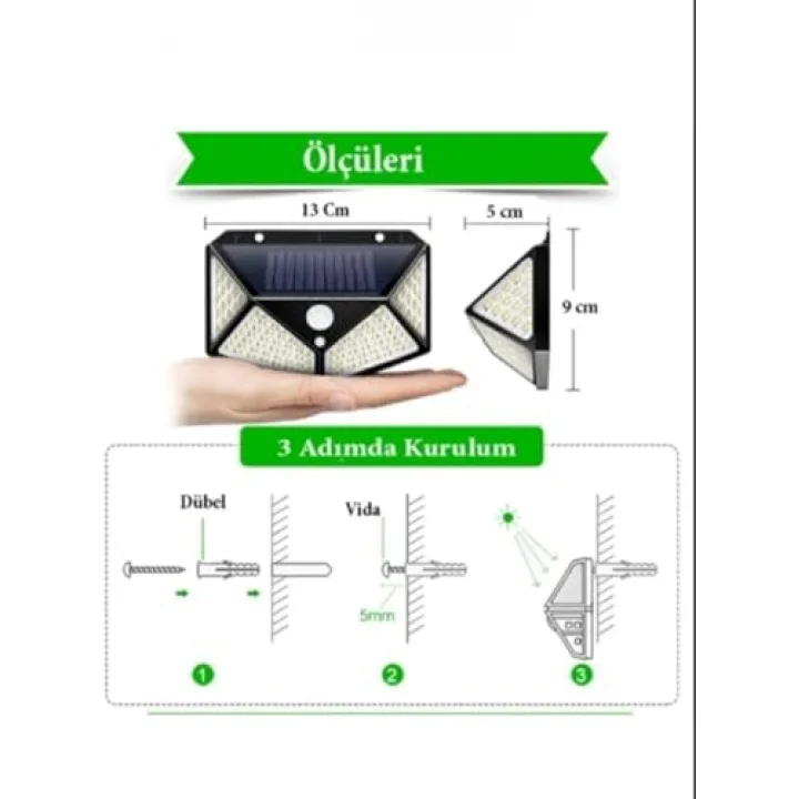 Solar LED Bahçe Lambası, 100 LED Hareket Sensörlü 13x9x5 cm, 3 Modlu Güneş Enerjili Solar Lamba, Dış Mekan Aydınlatma, Duvar Montajlı
