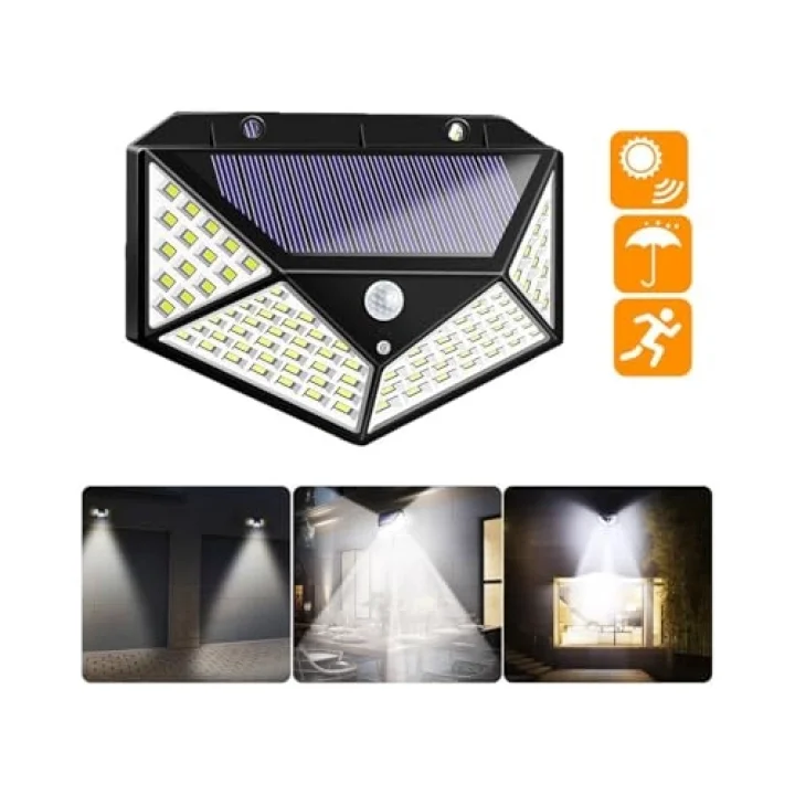 Solar LED Bahçe Lambası, 100 LED Hareket Sensörlü 13x9x5 cm, 3 Modlu Güneş Enerjili Solar Lamba, Dış Mekan Aydınlatma, Duvar Montajlı