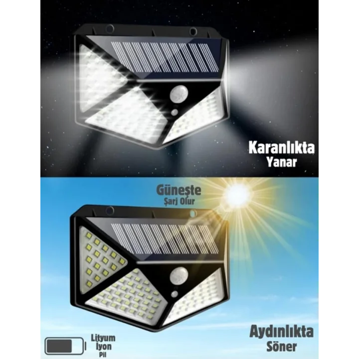 Solar LED Bahçe Lambası, 100 LED Hareket Sensörlü 13x9x5 cm, 3 Modlu Güneş Enerjili Solar Lamba, Dış Mekan Aydınlatma, Duvar Montajlı