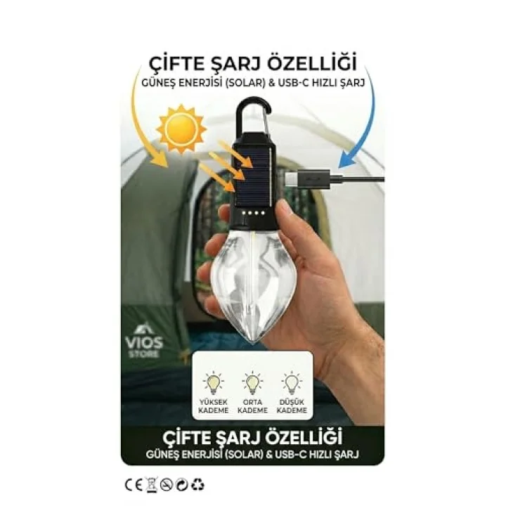 Solar ve Type-C Şarjlı Kamp Lambası | 3 Kademeli Işık, Şarj Göstergeli, Asılabilir Suya Dayanıklı Çadır ve Doğa Feneri