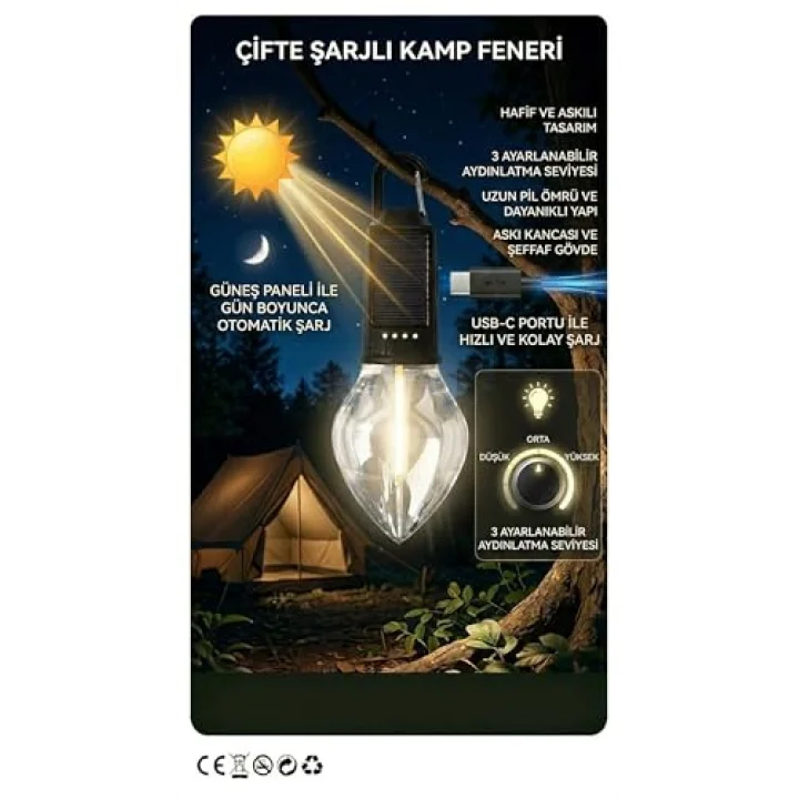 Solar ve Type-C Şarjlı Kamp Lambası | 3 Kademeli Işık, Şarj Göstergeli, Asılabilir Suya Dayanıklı Çadır ve Doğa Feneri