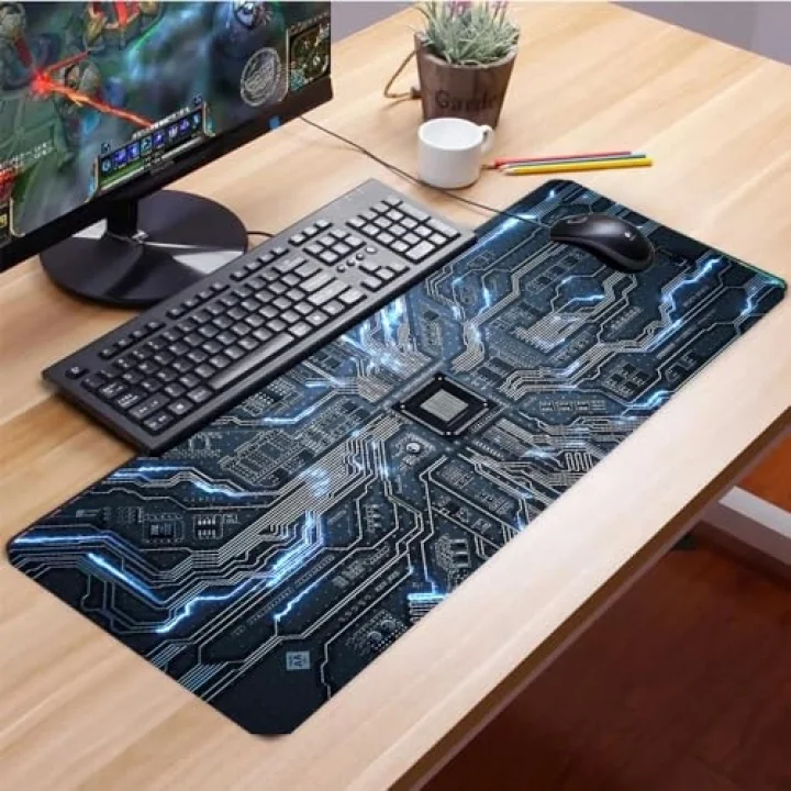 SonicTouch Çip Devre Desenli Kaymaz Gaming Oyuncu Masaüstü Dikişsiz Klavye Mouse Pad 32x70Cm