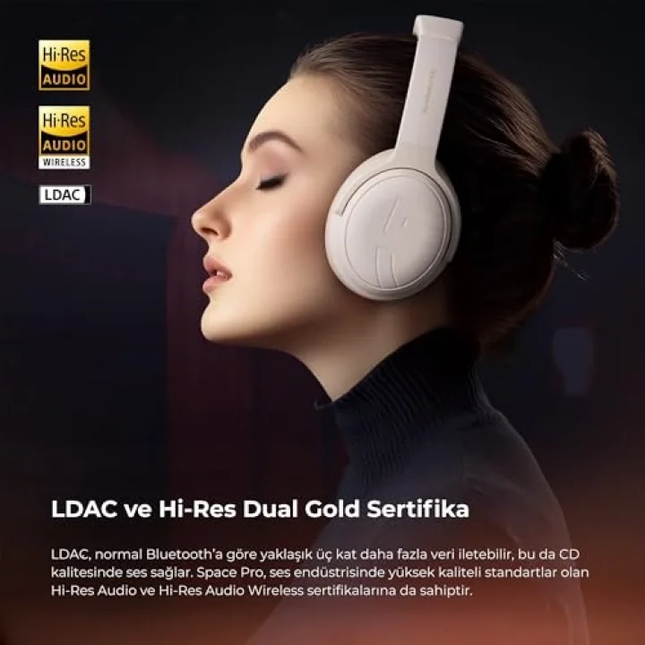 Space Pro Hi-Res LDAC Bluetooth 5.4 TWS Kablosuz Kulak üstü Kulaklık Bej