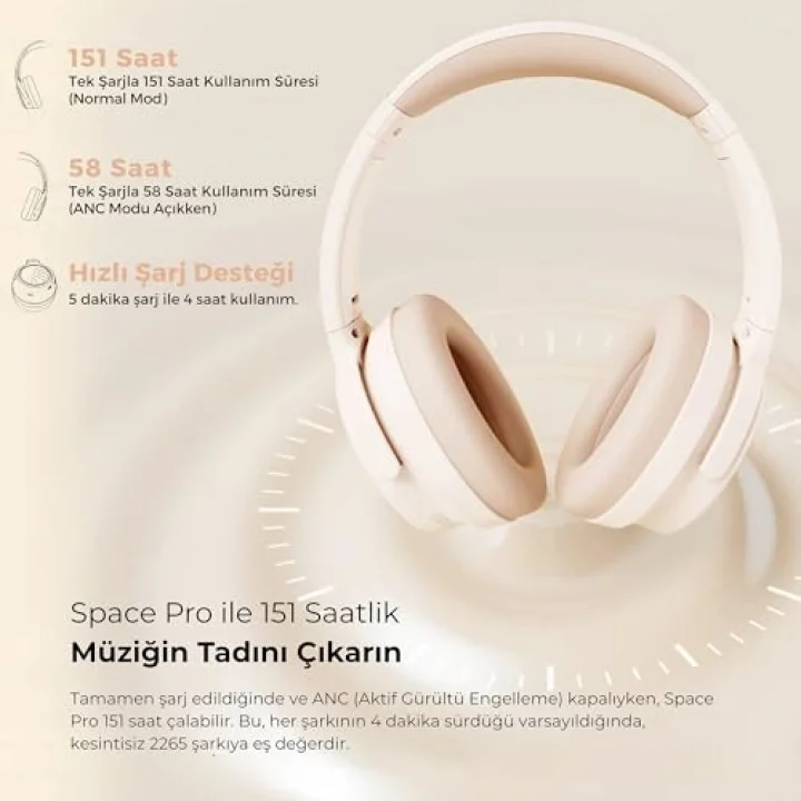 Space Pro Hi-Res LDAC Bluetooth 5.4 TWS Kablosuz Kulak üstü Kulaklık Bej