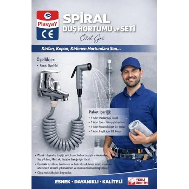 Spiral Mandallı Şattaf Başlıklı Evcil Hayvan Yıkama ve Duş Hortum Seti 3.5 Metre… (Gri)
