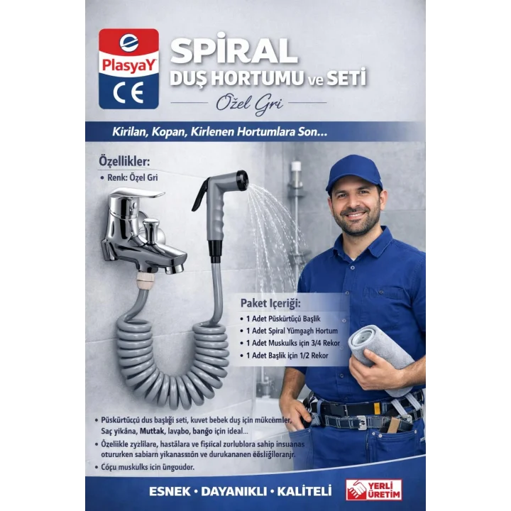 Spiral Mandallı Şattaf Başlıklı Evcil Hayvan Yıkama ve Duş Hortum Seti 3.5 Metre… (Gri)