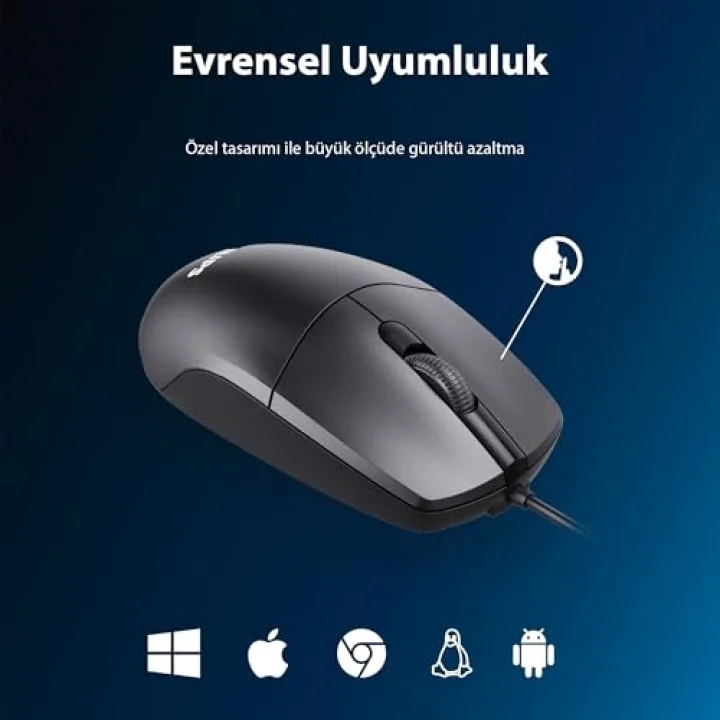 SPK7247 USB Kablolu Optik Mouse - 1.8 Metre Ekstra Uzun Kablo, 1200 DPI Hassasiyet, Ergonomik Ofis ve Ev Tasarımı, Tak-Çalıştır, Siyah