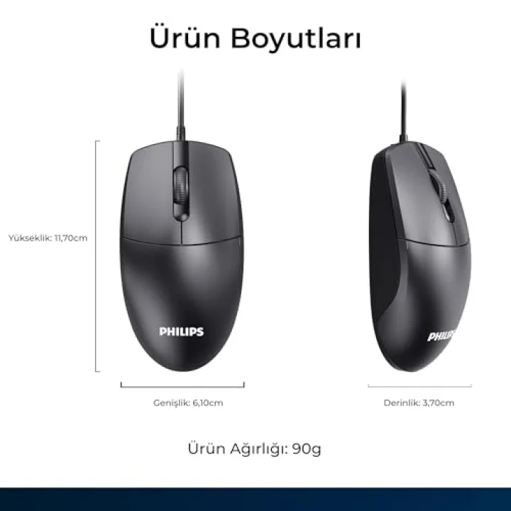SPK7247 USB Kablolu Optik Mouse - 1.8 Metre Ekstra Uzun Kablo, 1200 DPI Hassasiyet, Ergonomik Ofis ve Ev Tasarımı, Tak-Çalıştır, Siyah