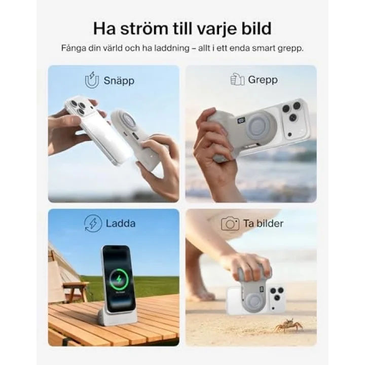 Stage PowerGrip, Manyetik Kablosuz Şarjlı Kamera Tutacağı 9300mAh, Geri Çekilebilir USB C Kablolu Taşınabilir Şarj Cihazı, Bluetooth Bağlantı, Tripod Uyumlu, LCD Ekran, iPhone ve Pixel için