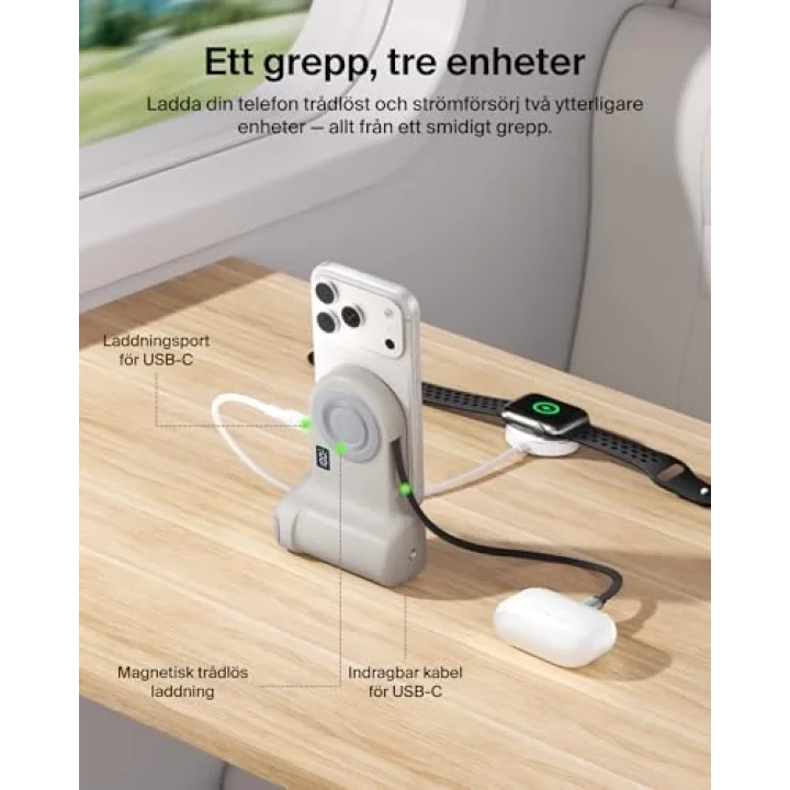 Stage PowerGrip, Manyetik Kablosuz Şarjlı Kamera Tutacağı 9300mAh, Geri Çekilebilir USB C Kablolu Taşınabilir Şarj Cihazı, Bluetooth Bağlantı, Tripod Uyumlu, LCD Ekran, iPhone ve Pixel için