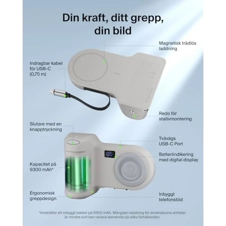 Stage PowerGrip, Manyetik Kablosuz Şarjlı Kamera Tutacağı 9300mAh, Geri Çekilebilir USB C Kablolu Taşınabilir Şarj Cihazı, Bluetooth Bağlantı, Tripod Uyumlu, LCD Ekran, iPhone ve Pixel için