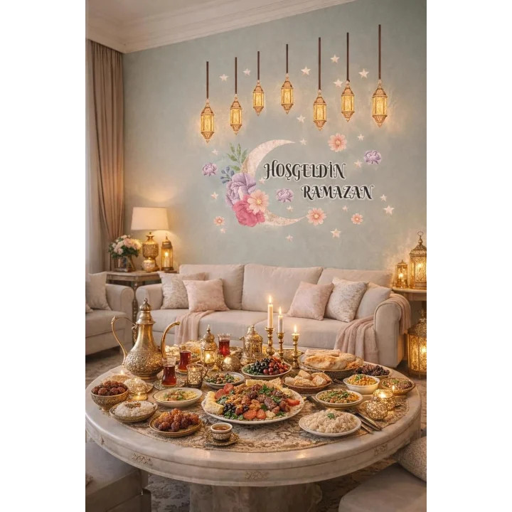 Sticker Hoş geldin Ramazan Dekorlu Ahşap Kapı Süsü, Ramazan Süsleri, Ramazan Tavan Süsü Ramazan Dekorasyon