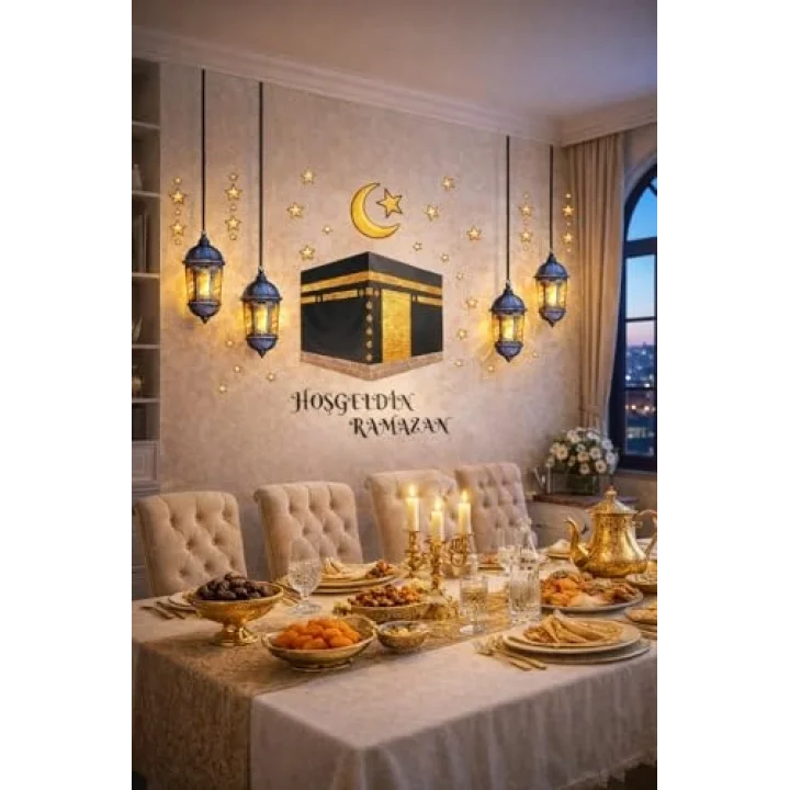 Sticker Hoş geldin Ramazan Dekorlu Ahşap Kapı Süsü, Ramazan Süsleri, Ramazan Tavan Süsü Ramazan Dekorasyon Renkli 2026