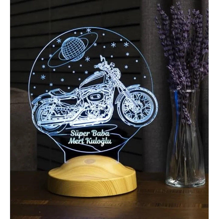 Süper Baba, Chopper Motosiklet, Motor Hayranı Babaya Hediye 3 Boyutlu, 3D Led Lamba