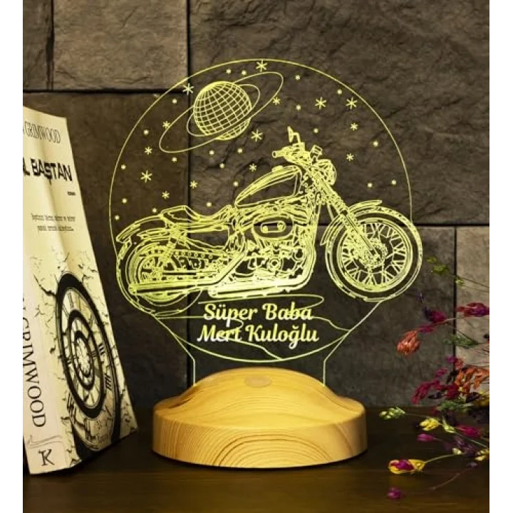 Süper Baba, Chopper Motosiklet, Motor Hayranı Babaya Hediye 3 Boyutlu, 3D Led Lamba