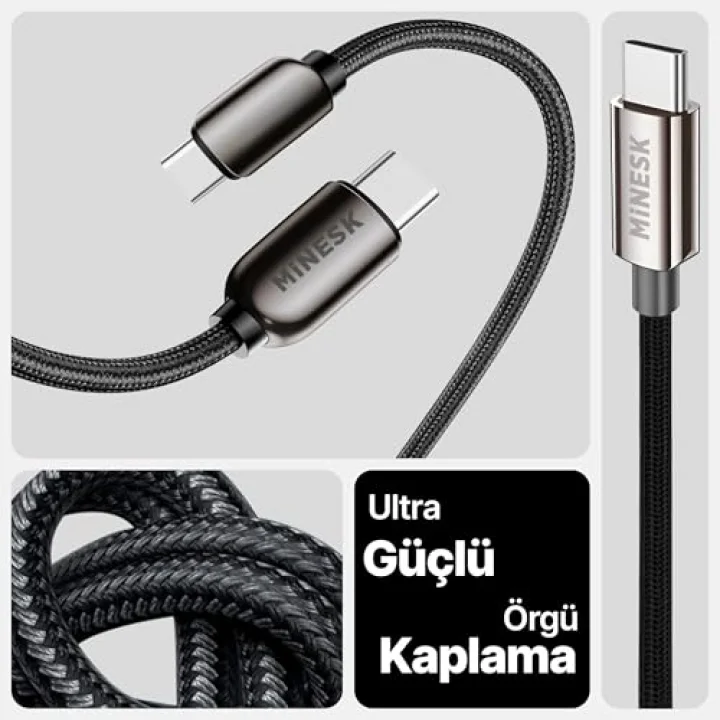 Super-C Serisi 66 Watt Gücünde PD Type-C Hızlı Şarj ve Data Kablosu 100 Cm Uzunluk Kopmaz Örgü Materyal ve Çinko Alaşım Metal Uçlar (66 Watt Ekransız)