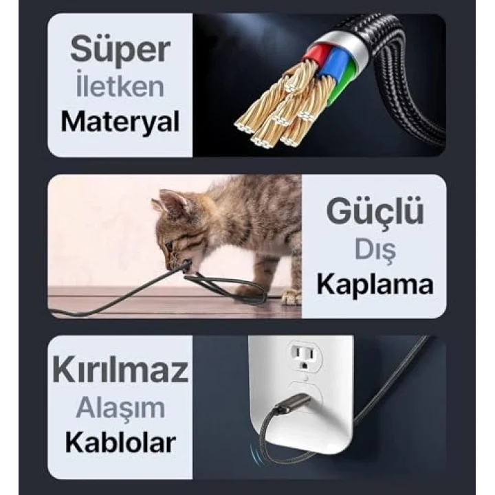 Super-C Serisi 66 Watt Gücünde PD Type-C Hızlı Şarj ve Data Kablosu 100 Cm Uzunluk Kopmaz Örgü Materyal ve Çinko Alaşım Metal Uçlar (66 Watt Ekransız)