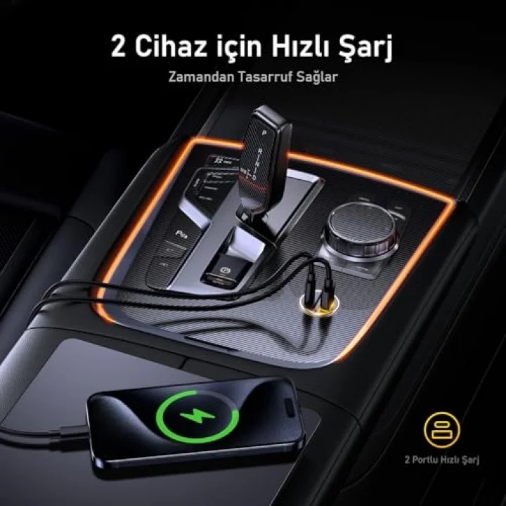 Superauto Araç İçi Şarjı, 2 Portlu PD 65W Type-C to Type-C, USB, Hızlı Şarj Çakmaklık Adaptörü, Siyah