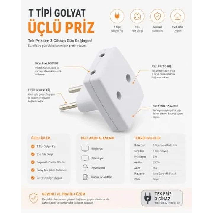T Tipi Fiş Golyat 2’li Priz Dönüştürücü, Çoklu Adaptör Priz, Yüksek Dayanıklı Elektrik Prizi, Ev Ofis Seyahat Uyumlu, Kompakt Tasarım, Beyaz, 2 Adet