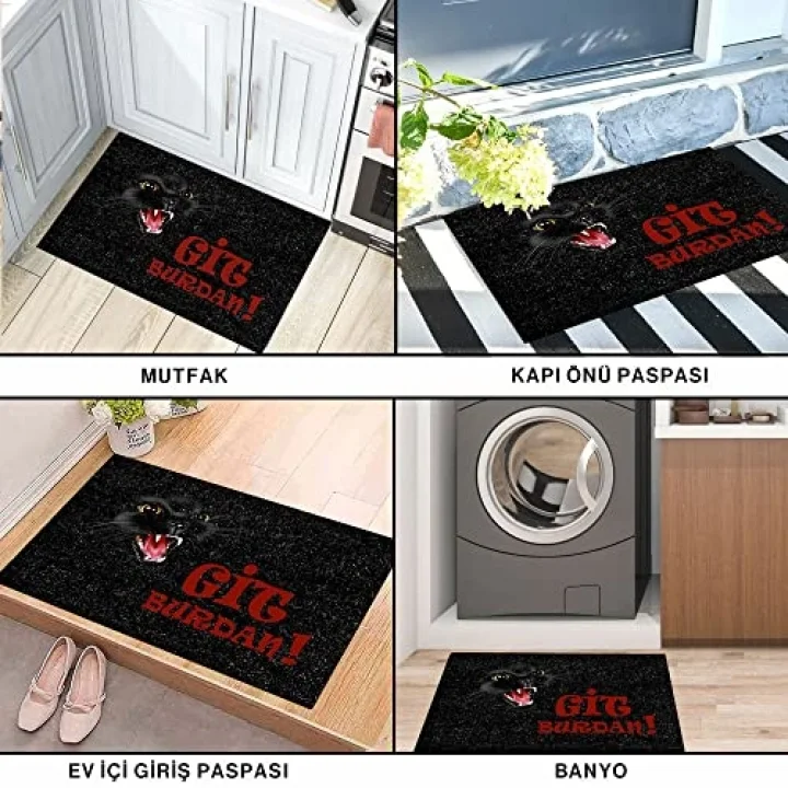 Tasarımlı Dekoratif Kapı önü Paspas, Dış Mekan/Ev İçi/Banyo/Mutfak/Yatak Odası/Giriş Paspasları (Git Buradan Siyah, 45X70)