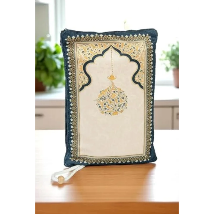 Taşınabilir Keseli Mihrap Desenli İpek Dokulu Kadife Seccade Sarı