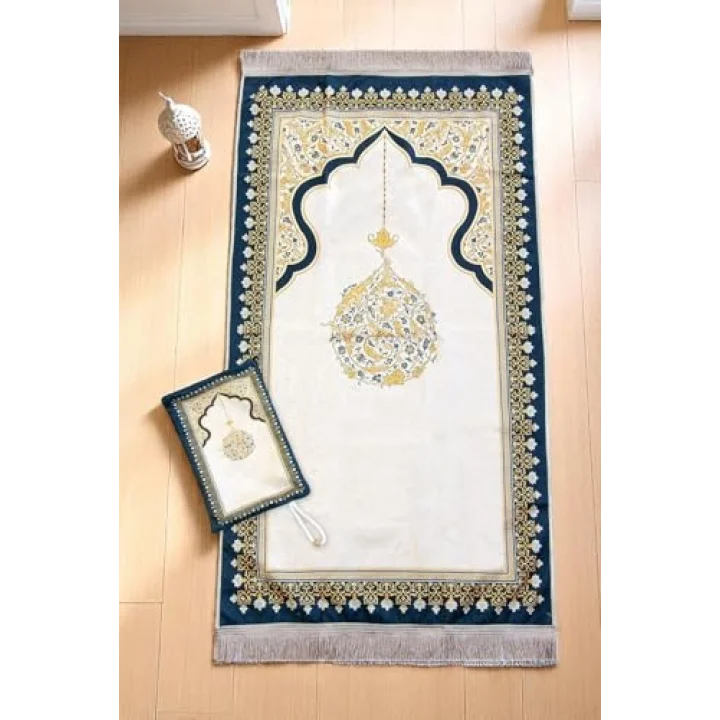 Taşınabilir Keseli Mihrap Desenli İpek Dokulu Kadife Seccade Sarı