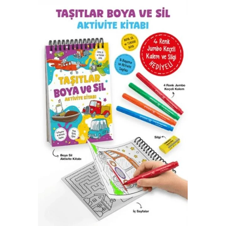 Taşıtlar - Boya ve Sil Aktivite Kitabı / 3 Yaş +