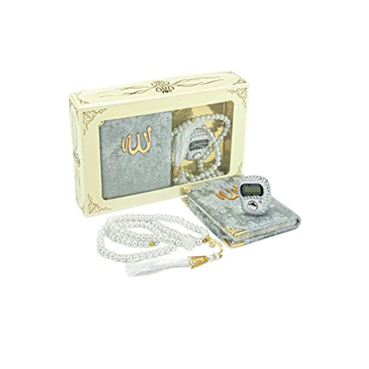 Taşlı Zikirmatik - Mini Kadife Yasin - İnci Tesbihli Hediyelik Set - Gri Renk