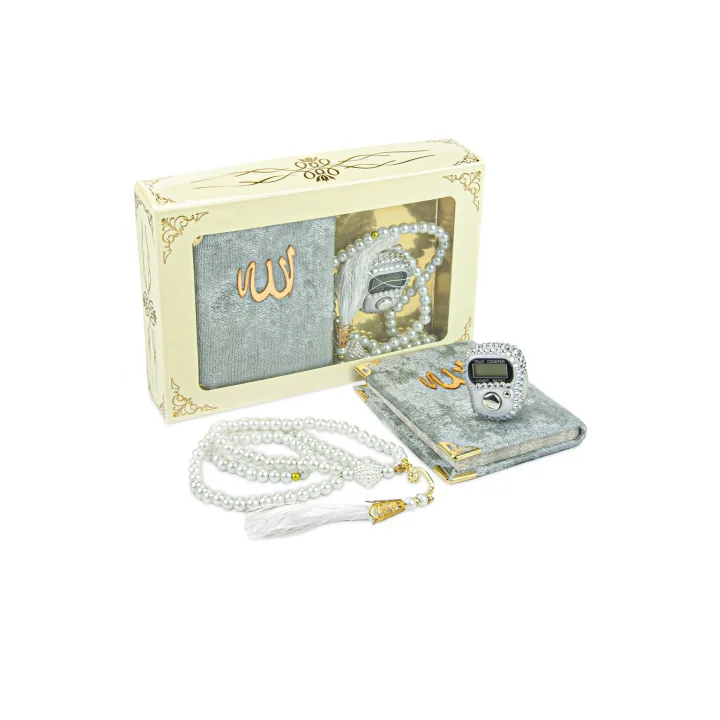 Taşlı Zikirmatik - Mini Kadife Yasin - İnci Tesbihli Hediyelik Set - Gri Renk