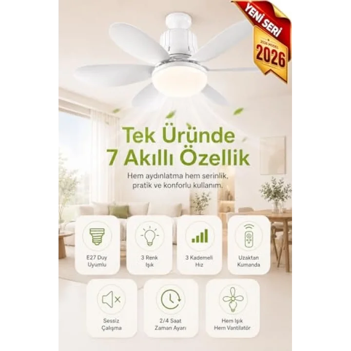 Tavan Vantilatörü Led Işık 3 Renk Işık Sıcaklığı Ayarlanabilir 3 Kademe Hız Modu Sessiz 52 Cm Çap 6 Kanat Uzaktan Kumandalı Vantilatör (Beyaz)