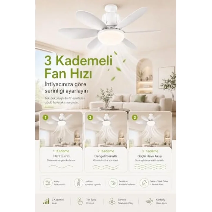 Tavan Vantilatörü Led Işık 3 Renk Işık Sıcaklığı Ayarlanabilir 3 Kademe Hız Modu Sessiz 52 Cm Çap 6 Kanat Uzaktan Kumandalı Vantilatör (Beyaz)