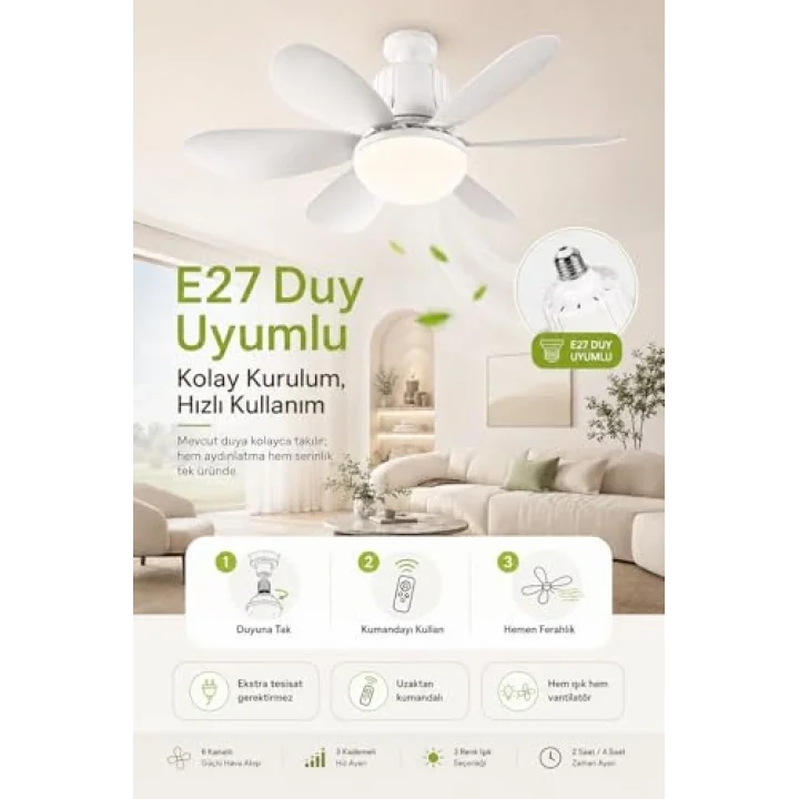 Tavan Vantilatörü Led Işık 3 Renk Işık Sıcaklığı Ayarlanabilir 3 Kademe Hız Modu Sessiz 52 Cm Çap 6 Kanat Uzaktan Kumandalı Vantilatör (Beyaz)