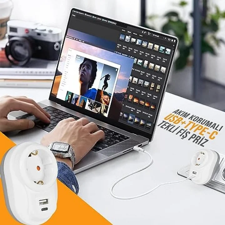 Tekli Akım Korumalı Priz USB + Type C Hızlı Şarj