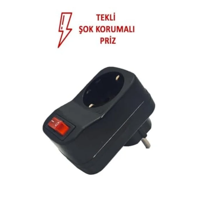 Tekli Siyah Anahtarlı Akım Korumalı Fiş Priz - Şok Korumalı Priz