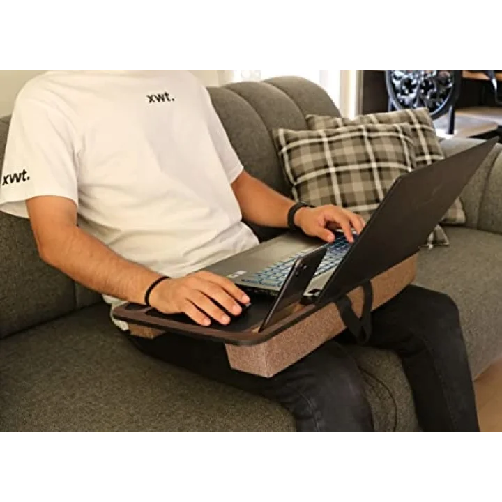 Telefon Ve Tablet Bölmeli Minderli Laptop Sehpası Notebook Bilgisayar Çalışma Masası, Antik Meşe